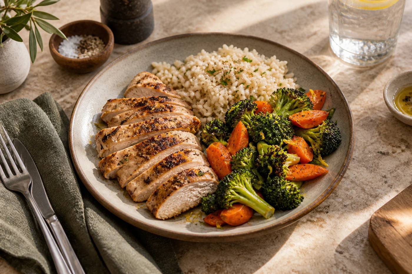 A protein-centered meal with vegetables and rice