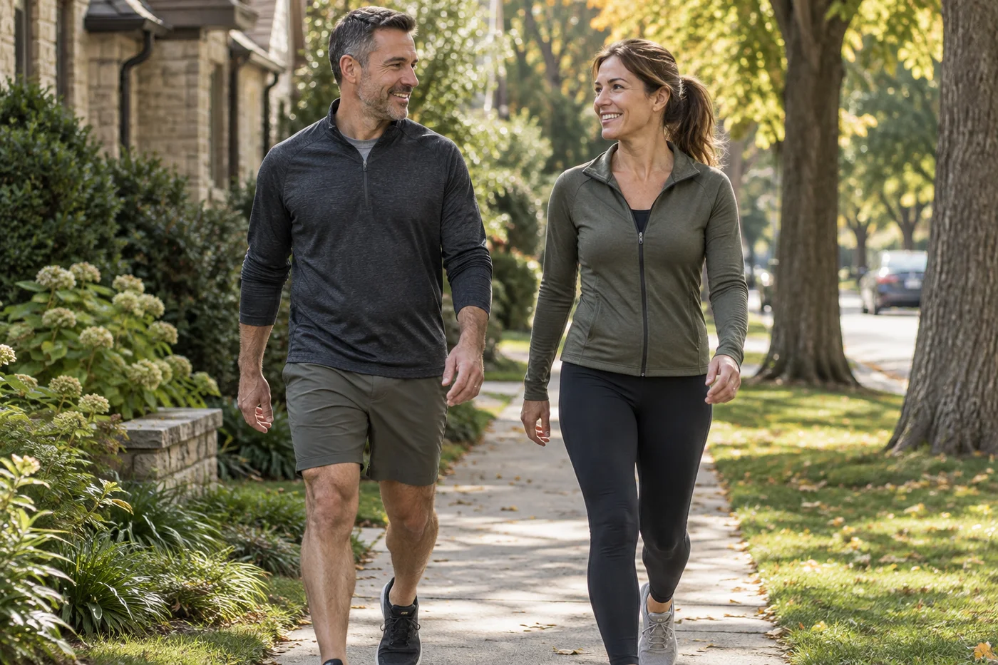 Man and woman walking outdoors
