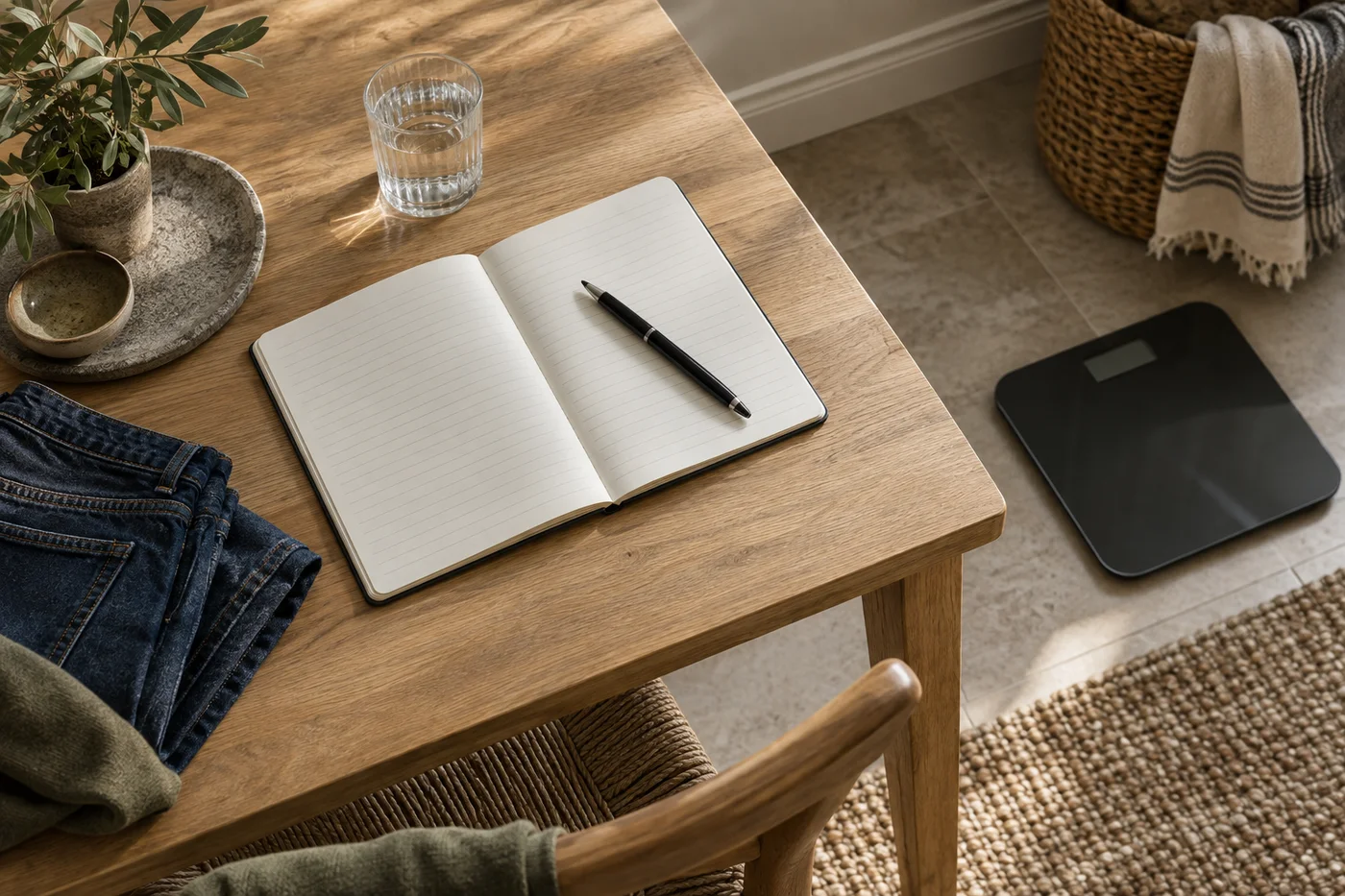 Notebook, jeans, and a scale for weekly review